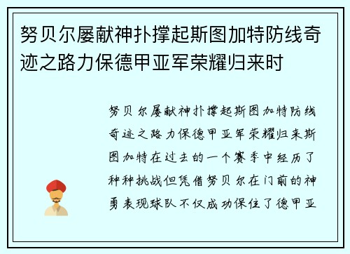 努贝尔屡献神扑撑起斯图加特防线奇迹之路力保德甲亚军荣耀归来时 努贝尔屡献神扑撑起斯图加特防线奇迹之路力保德甲亚军荣耀归来时