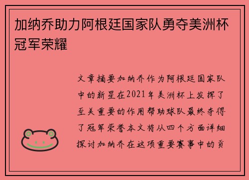 加纳乔助力阿根廷国家队勇夺美洲杯冠军荣耀 加纳乔助力阿根廷国家队勇夺美洲杯冠军荣耀