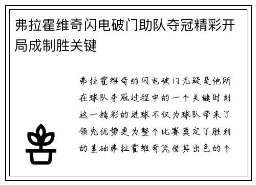 弗拉霍维奇闪电破门助队夺冠精彩开局成制胜关键 弗拉霍维奇闪电破门助队夺冠精彩开局成制胜关键